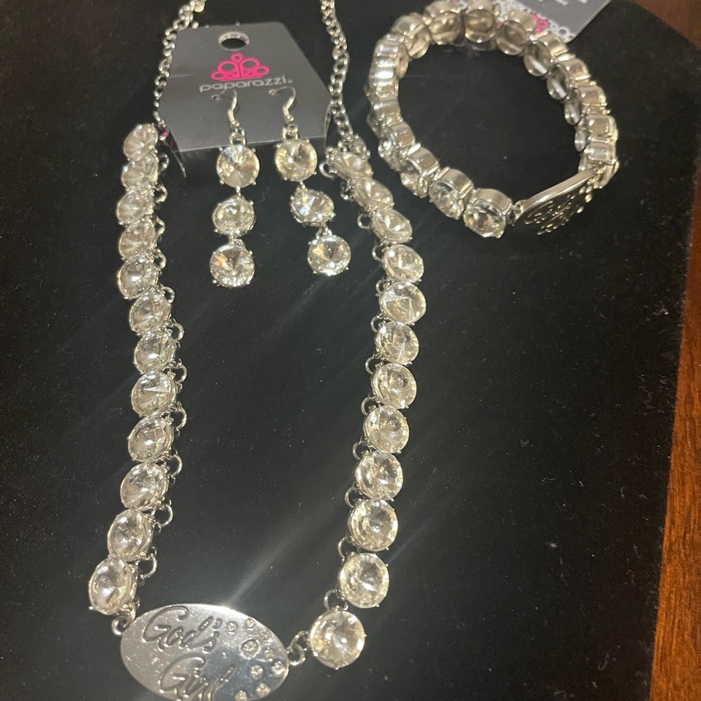 Paparazzi God’s Girl necklace and earrings, and matching God’s Girl bracelet.